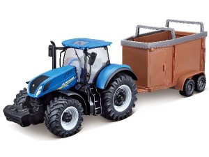 BURAGO Tractor w/livestock trailer N.H. T7.615 10cm blue