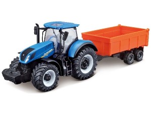 BURAGO Tractor w/tipping trailer N.H T7.615 10cm blue
